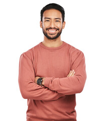 Portrait of man with arms crossed, smile and isolated on transparent png background in confident...