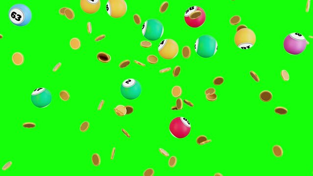 Bingo Winning Screen, Bigo Jackpot and Bingo Balls Flowing From the Center Mixed with Gold Coins. Loop, 3D animation, Game Asset, Bingo Game Winning Screen.