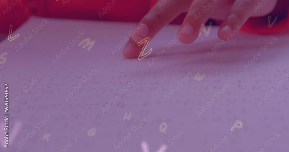 Sticker Animation of numbers over caucasian schoolgirl reading braille