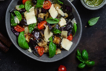 Eggplant salad, basil, cheddar cheese with tomatoes