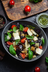 Eggplant salad, basil, cheddar cheese with tomatoes