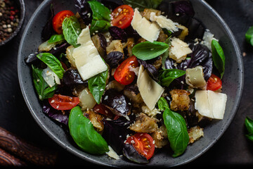 Eggplant salad, basil, cheddar cheese with tomatoes