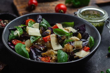 Eggplant salad, basil, cheddar cheese with tomatoes