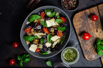 Eggplant salad, basil, cheddar cheese with tomatoes