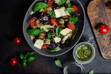 Eggplant salad, basil, cheddar cheese with tomatoes