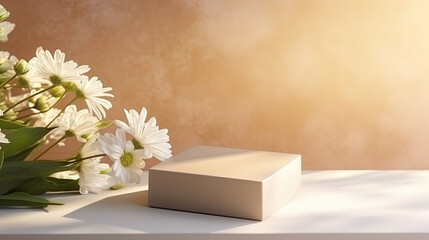 Small gift jewelry box mockup. Flower vase on background