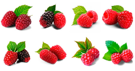 Raspberry collection isolated on transparent background (Loganberry, Raspberry, Arctic Raspberry)
