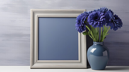 A Mockup of a wooden frame on a table in the living room. Modern dark blue silver vase with flowers, pastel gray wall background. American interior.