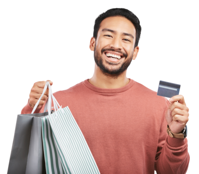 Happy asian man, shopping bag and credit card for payment isolated on a transparent PNG background. Portrait of male person or shopper with smile for luxury gifts, purchase or banking and buying bags