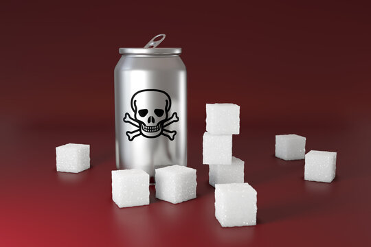 Silver soda can with a skull mark surrounded by white sugar cubes on dark red background. Illustration of the concept of unhealthy high sugar level drinks