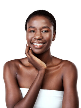 Portrait, happy and black girl with natural or glow in png or isolated and transparent background. Woman, cosmetic and beauty face with shine with self care for skincare with facial or wellness.