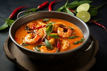 Thai spicy red curry with shrimps Generative AI