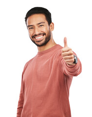 Happy asian man, portrait and thumbs up for good job standing isolated on a transparent PNG...