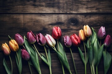 Tulips on a wooden table. Generative AI. - 620563201