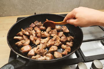 Woman mixing the meat in a frying pan shovel. Pan-fried meat, French fries