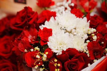 Bouquet of red roses from above. The beauty of flowers. 