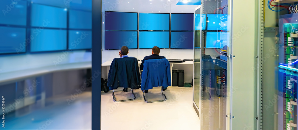 Poster dispatch center. room for monitoring operation of enterprise. lots of monitors in front of people. d