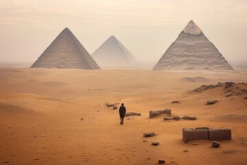 Alone young penguin standing before the pyramids, he is sad, clima change. Generative Ai.