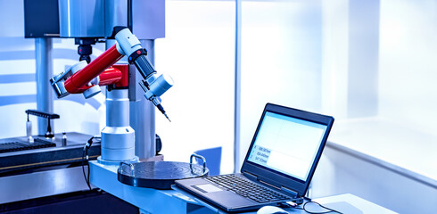 Automated soldering equipment. Microchip production. Manipulator hand near laptop. Soldering equipment for manufacture of digital circuit boards. Production of microelectronics. High-tech industry
