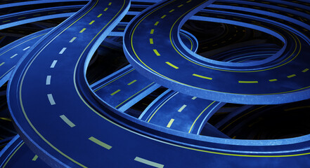 Road background. Zigzag from autobahn. Curved roads with yellow lines. High speed routes. Autobahn for cars and motorcycles. Road backdrop. Asphalt road for cars. Texture, pattern. 3d image