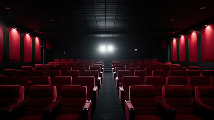  empty theater with red seats and a projector created with Generative AI