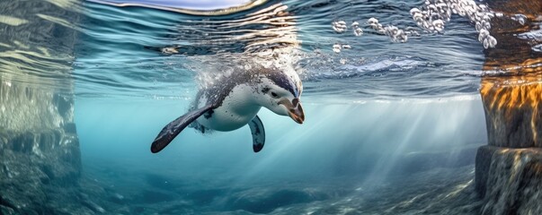 Penguin in clear frozen water under ice of glacier, under water view, panarama. Generative Ai. - obrazy, fototapety, plakaty