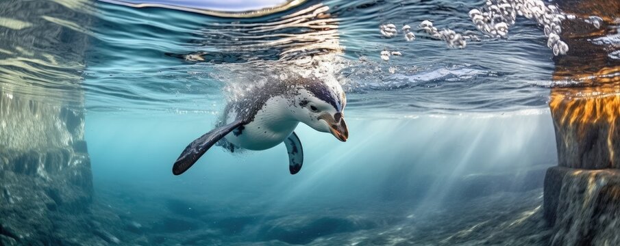 Penguin in clear frozen water under ice of glacier, under water view, panarama. Generative Ai.