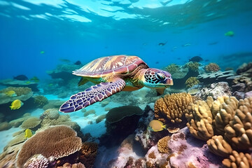 Fototapeta na wymiar Underwater wildlife panorama Coral reef with wild sea turtles and fish, tropical ocean underwater life. Sea Turtle swimming along tropical coral reef,