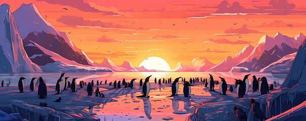 Crowd of pinguins celebrating on glacier, sunset mountains in background, panorama. Generative Ai.