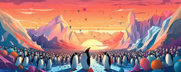 Crowd of pinguins celebrating on glacier, sunset mountains in background, panorama. Generative Ai.
