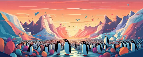 Crowd of pinguins celebrating on glacier, sunset mountains in background, panorama. Generative Ai.