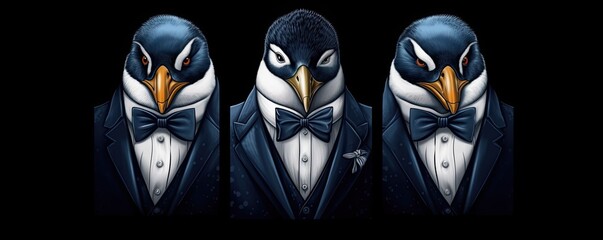 Portrait of boss penguin in dark blue suit, panorama. Generative Ai.