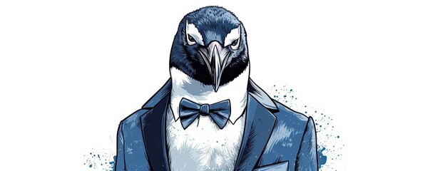 Portrait of boss penguin in dark blue suit, panorama. Generative Ai.