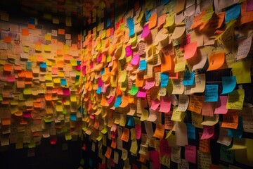 Vibrant sticky notes on wall with scribbles. Generative AI