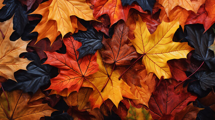 Naklejka na ściany i meble Top view of red, orange, and yellow leaves background, fallen leaves in autumn.Generative ai.