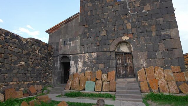 Scenic view of old Sevanavank church in Sevan, Armenia on sunny blue sky day. Sevanavank monastery complex on peninsula on northwestern shore of Lake Sevan in Armenia