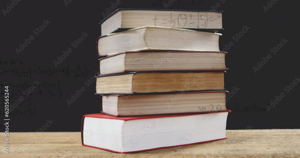 Poster animation of stack of books over mathematical equations and formulae