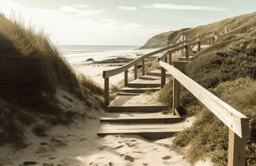 Obraz premium Seaside Timber Trail Amidst Grassy Dunes