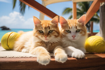 Obraz premium Two cute cats on summer vacation. Generative AI.