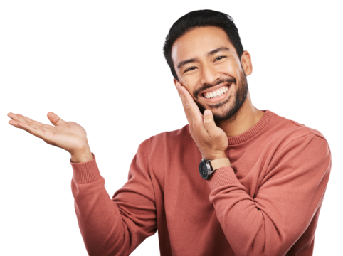 Portrait, smile and asian man with hand pointing to announcement on isolated, transparent or png background. Face, happy and excited guy person with palm sign for news, sale or product placement deal