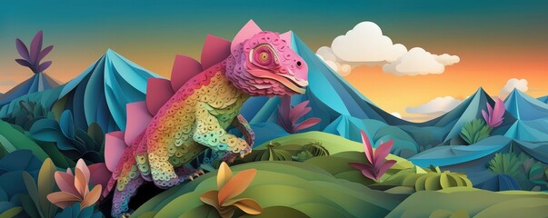 Chameleon changing colors at the top of mountains, sunset light, panorama. Generative Ai.