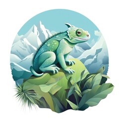 Chameleon sitting at top of tree with view on big mountains.  Generative Ai.