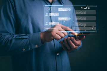 Chatbot Chat with AI, Artificial Intelligence with man using technology smart robot AI, artificial intelligence by enter command prompt for generates something, Futuristic technology transformation.