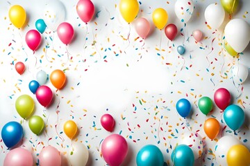 Beautiful happy birthday Background With Balloons, cake with candel and happy birthday texted on it Generative Ai technology - obrazy, fototapety, plakaty