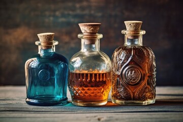 Three vintage bottles. Alcohol, perfumes or medical potions. Generative AI. - 620565899