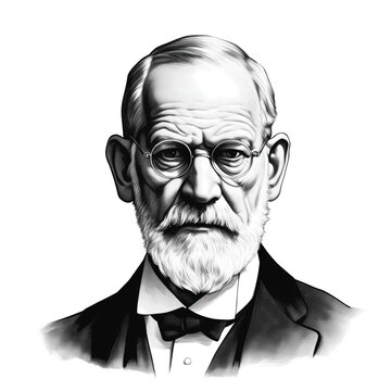 Black and white vintage engraving, headshot portrait of Sigmund Freud as old man with suit and glasses, serious expression, face straight-on, facing camera, white background, greyscale - Generative AI