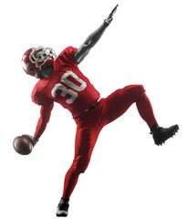 Young man, professional american football player in red uniform throwing ball during game isolated on transparent background. Concept of professional sport, competition, hobby, action, concentration