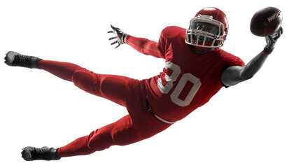 Dynamic image of young man, professional american football playing in motion, catching ball in jump...