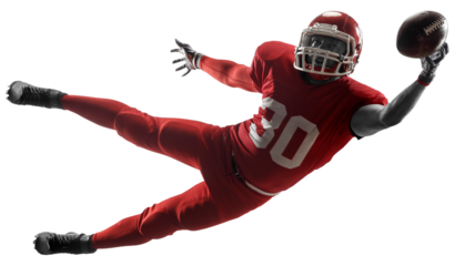 Dynamic image of young man, professional american football playing in motion, catching ball in jump isolated on transparent background. Concept of professional sport, competition, hobby, action