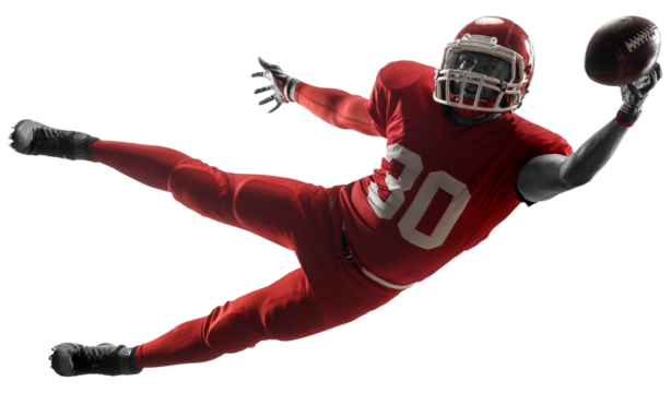 Dynamic image of young man, professional american football playing in motion, catching ball in jump isolated on transparent background. Concept of professional sport, competition, hobby, action